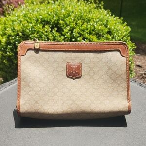Celine Macadam clutch bag in beige and brown coated canvas brown leather trim